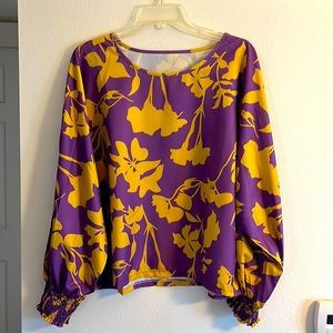 Purple and mustard top, 65% polyester, 35% cotton, size XL